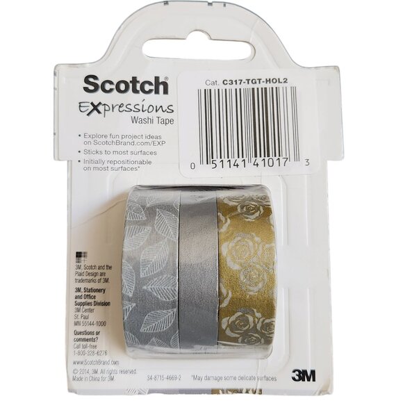 Scotch Expressions Washi Tape 3 rolls Craft Projects Holiday Decor Silver Gold - Picture 2 of 2